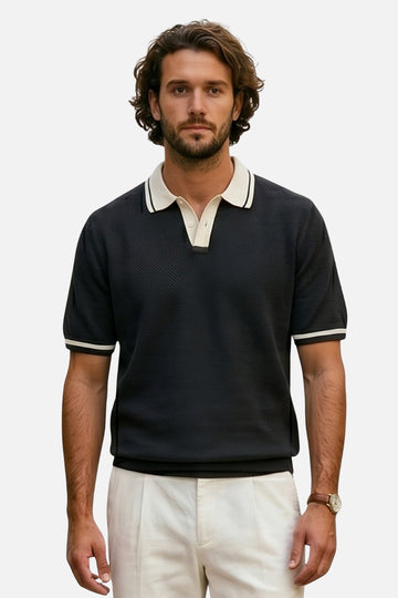 The Riviera Stripe-Trim Johnny Collar Polo