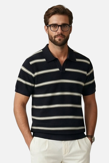 The Riviera Retro Striped Johnny Collar Polo