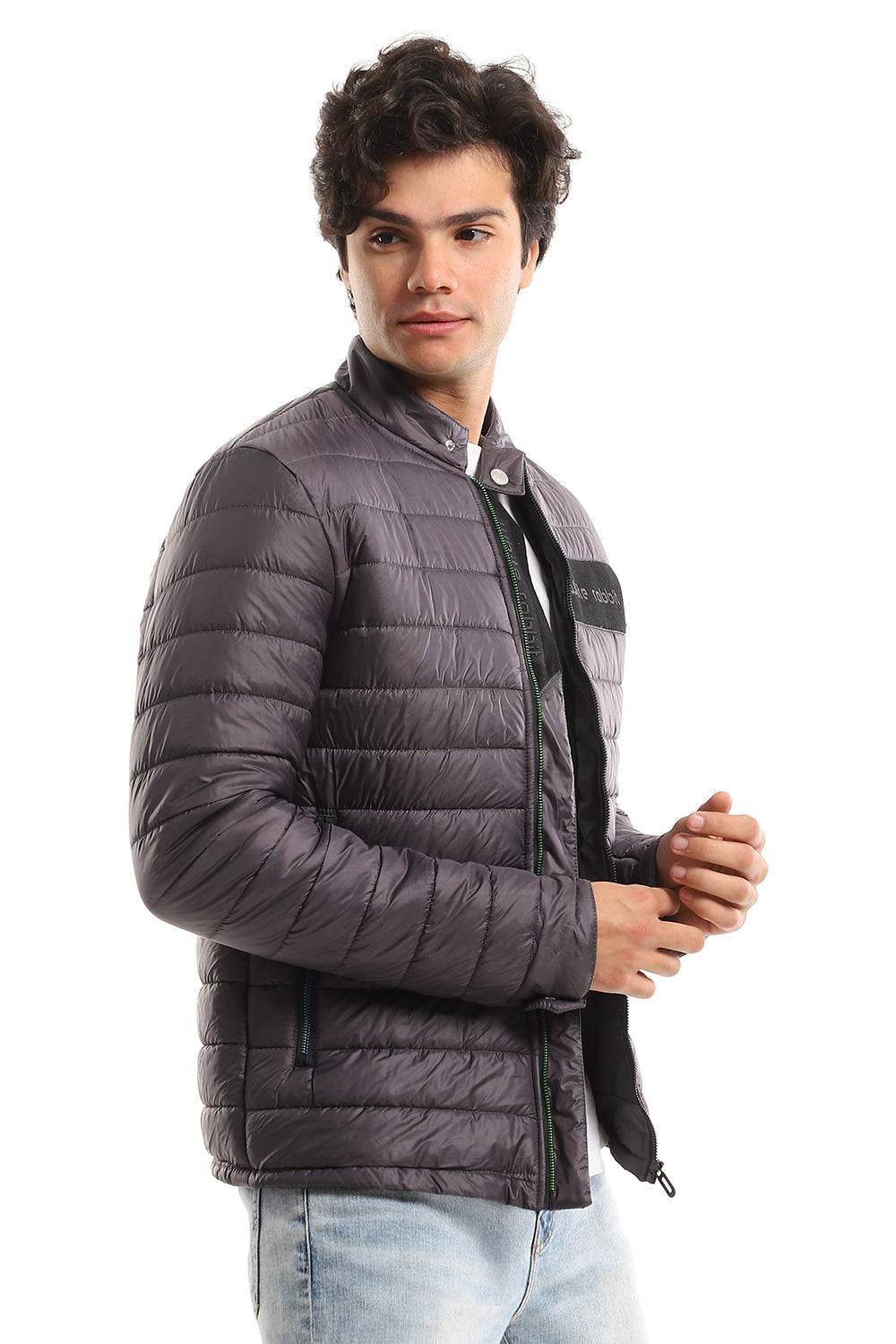 Quilted Band Neck Waterproof Jacket - Dark Grey