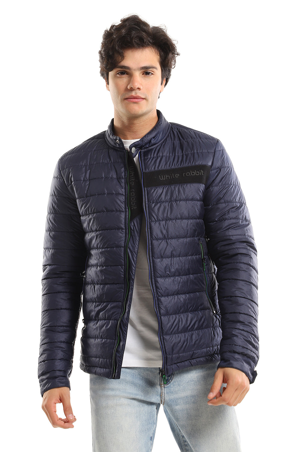Quilted Band Neck Waterproof Jacket - Navy