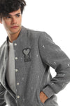 Love "R" Stitching Allover Heather Grey Baseball Jacket With Side Pockets