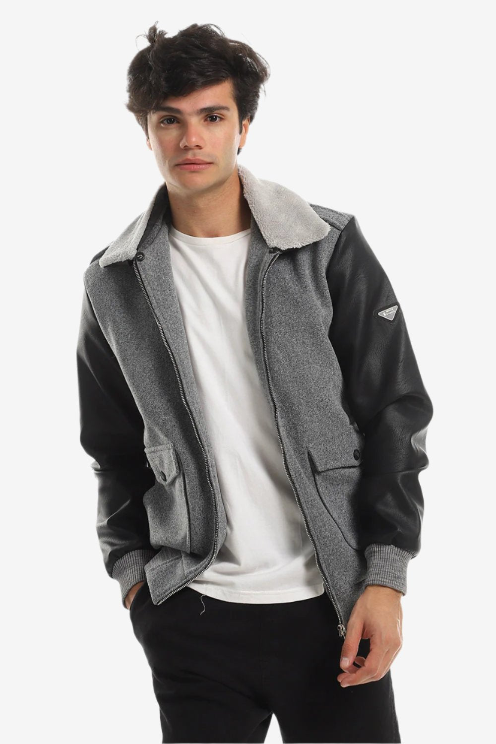 Sherpa Collar, Leather Sleeves Black & Heather Men Jacket