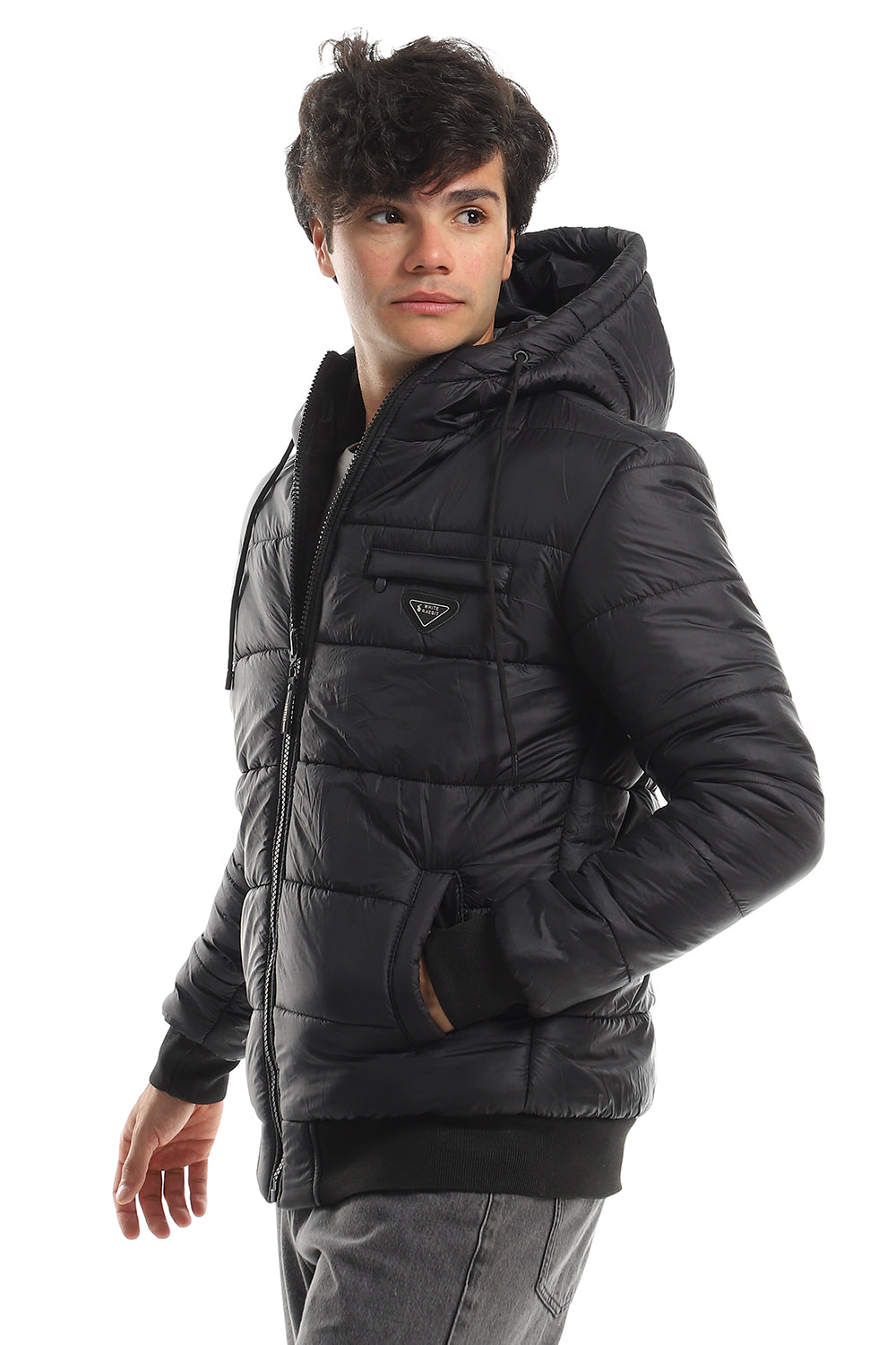 Ribbed Cuffs & Hem Quilted Hooded Bomber Jacket-Black