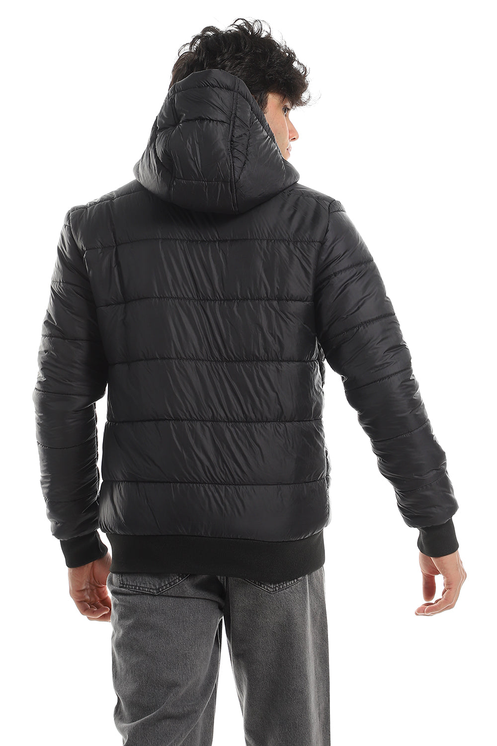 Ribbed Cuffs & Hem Quilted Hooded Bomber Jacket-Black