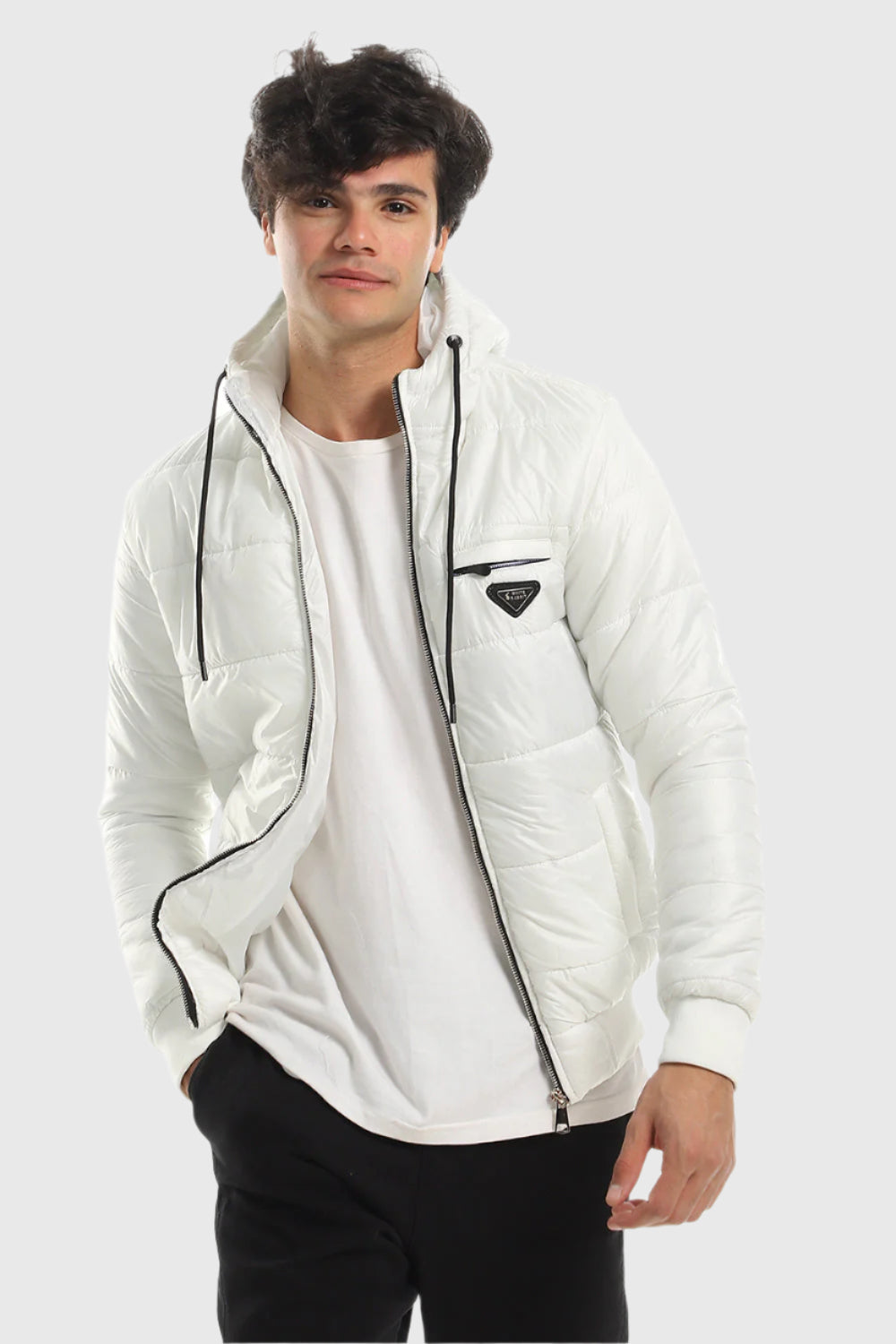 Ribbed Cuffs & Hem Quilted Hooded Bomber Jacket-White