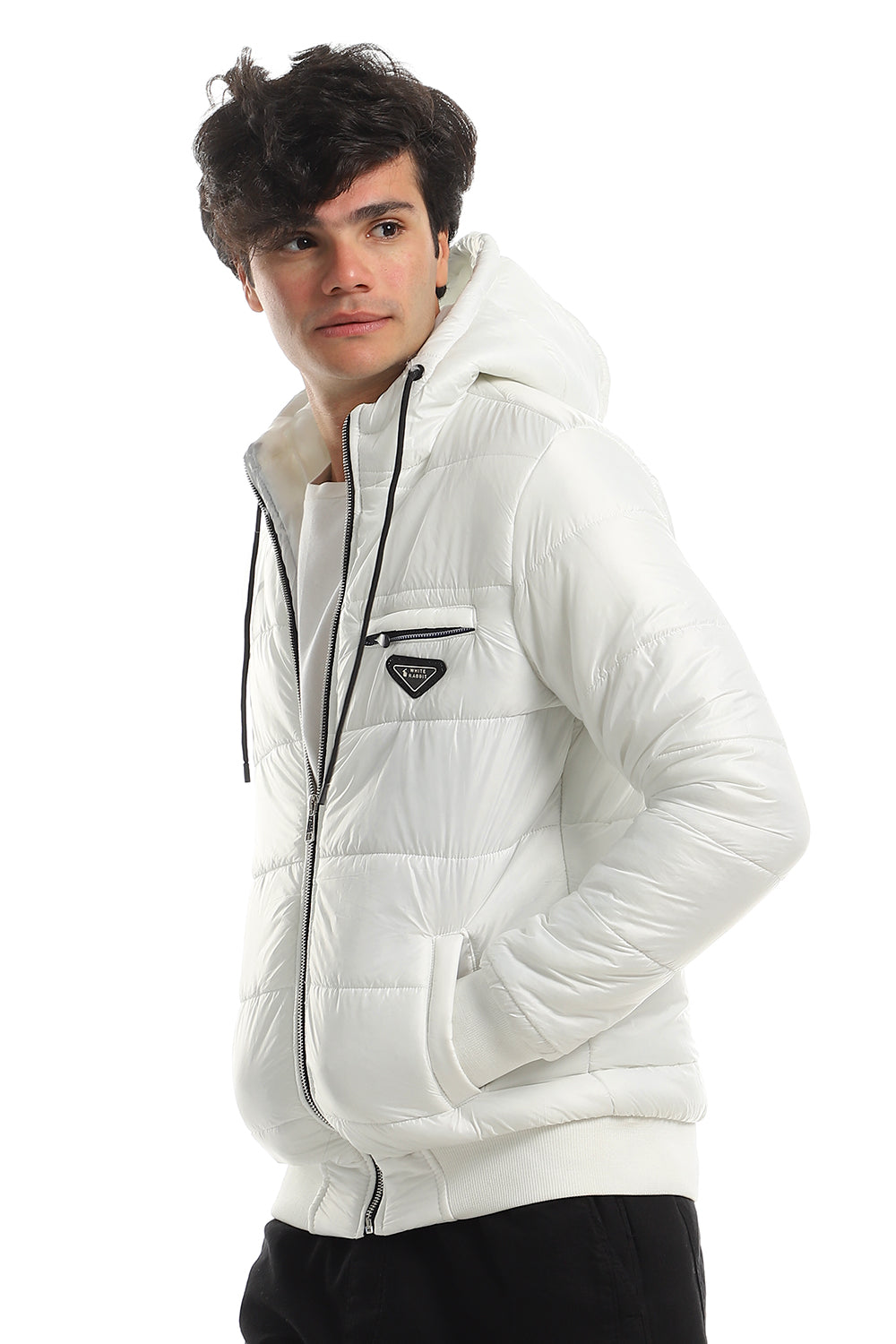 Ribbed Cuffs & Hem Quilted Hooded Bomber Jacket-White