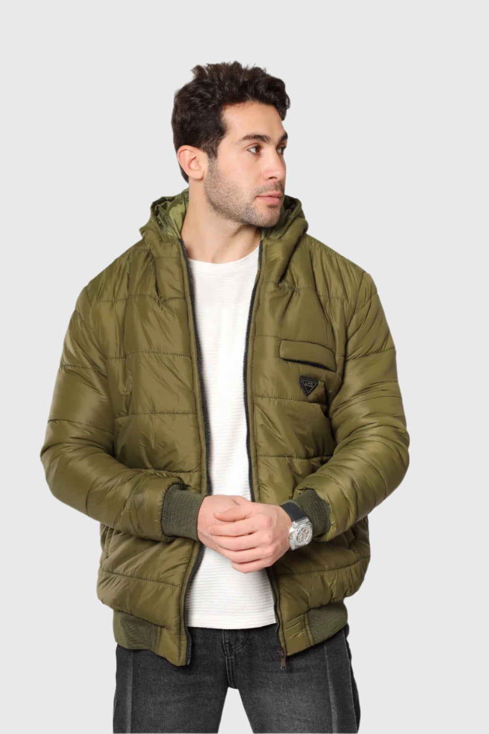 Ribbed Cuffs & Hem Quilted Hooded Bomber Jacket-Olive