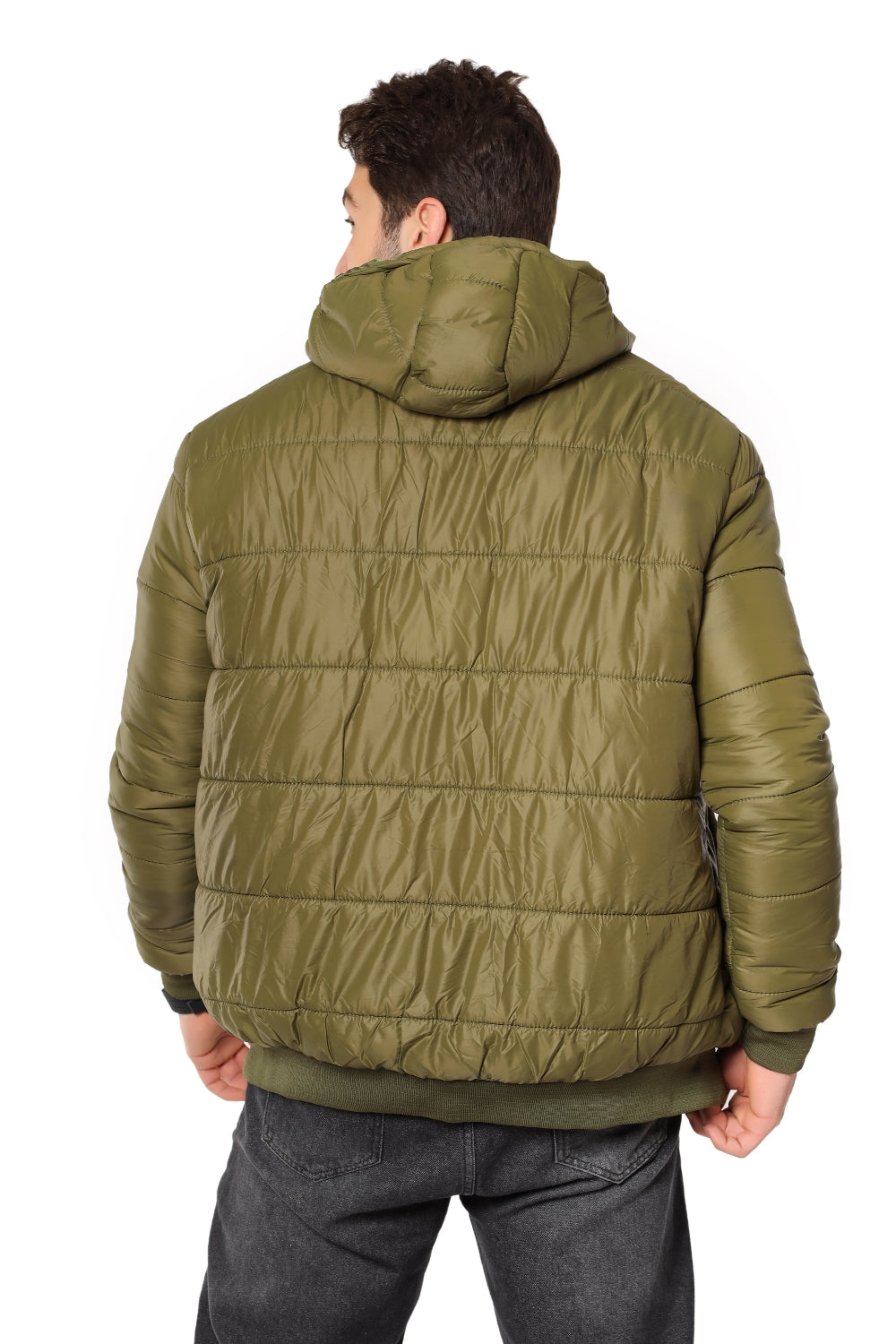 Ribbed Cuffs & Hem Quilted Hooded Bomber Jacket-Olive