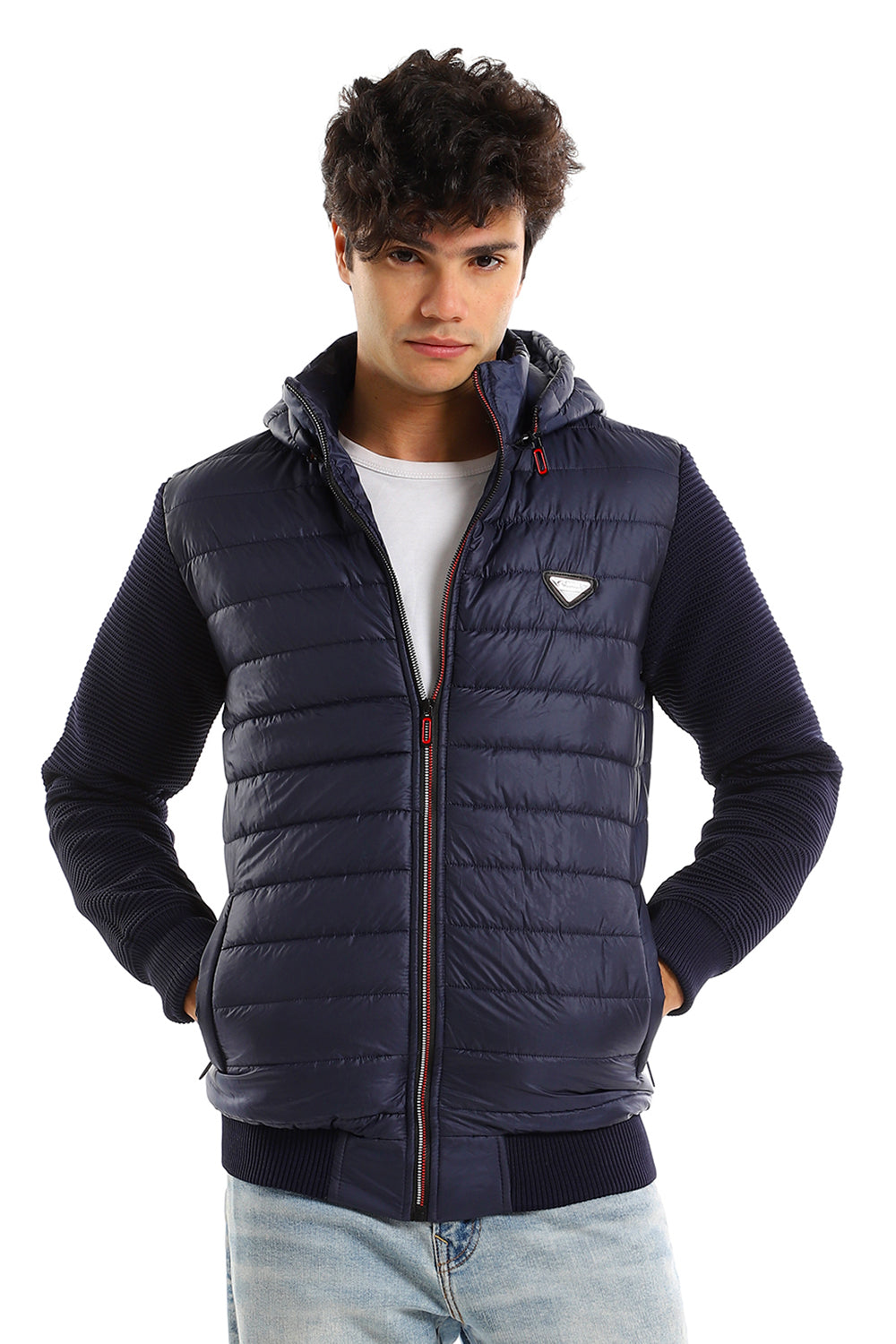 Chest Logo Zipper Closure Navy Hooded Men Jacket