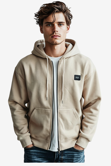 Basic Inner Fleece Zip Through Hoodie-Beige