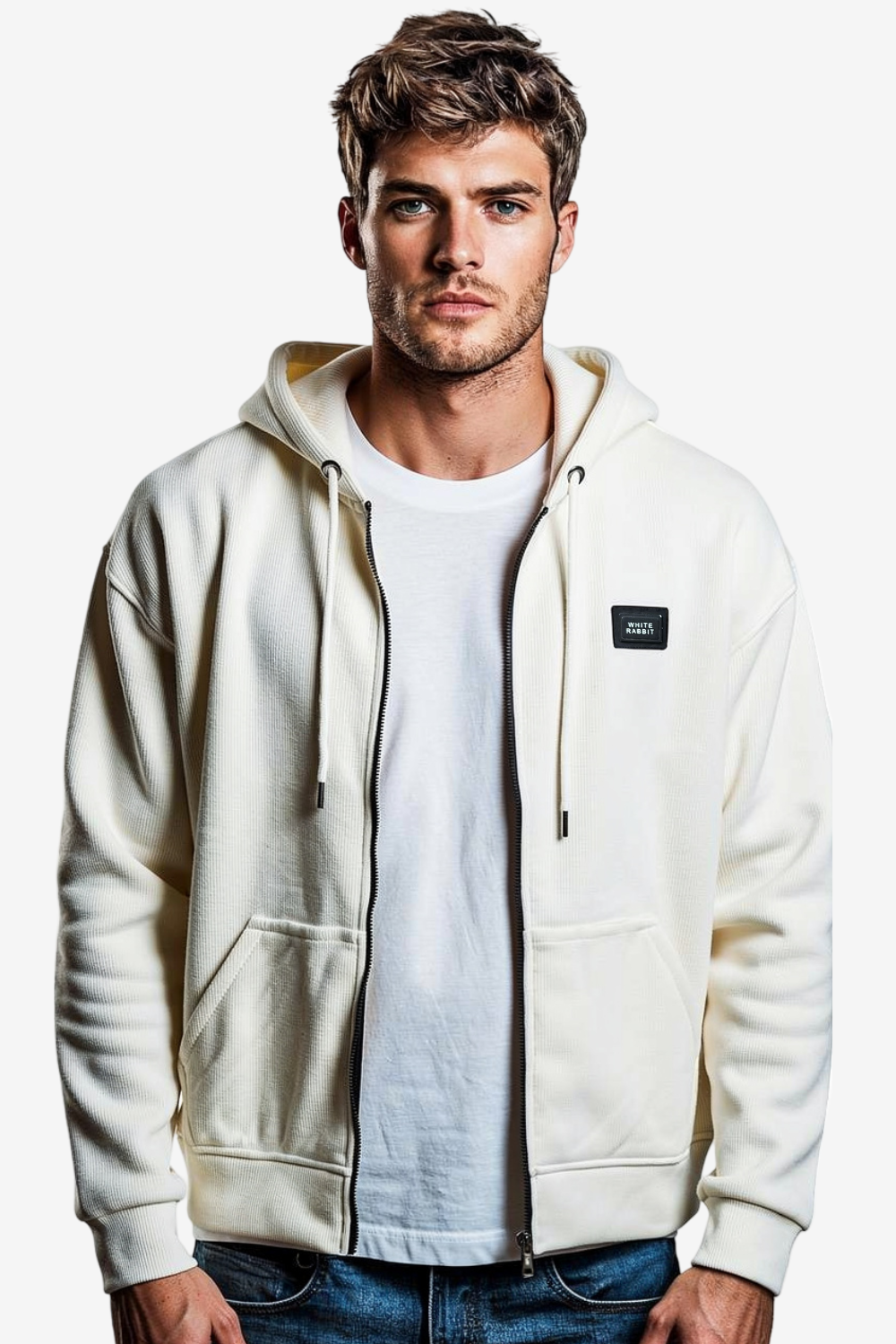 Basic Inner Fleece Zip Through Hoodie-White