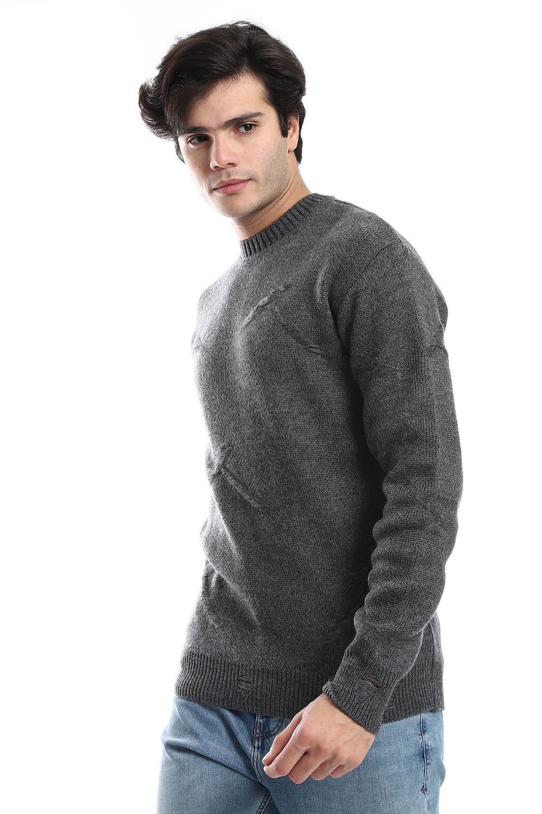 Knitted Pullover With Ribbed Hem –Dark Grey