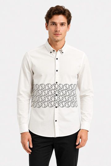 Printed Long Sleeves Button Down Shirt-White