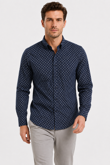Buttons Down Pineapple Long Sleeves Shirt - Navy