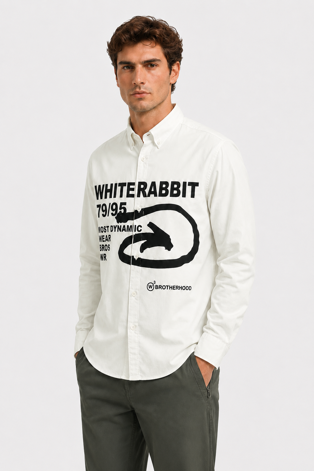White Rabbit Turn Down Collar Long Sleeves Printed Shirt