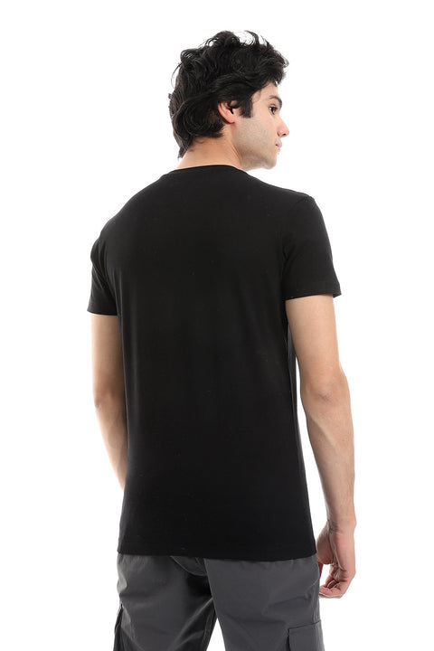 Printed Pattern Black Short Sleeves Round Collar T-Shirt