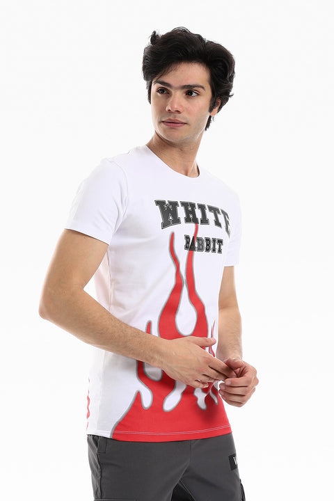 Fire Printed Pattern Short Sleeves T-Shirt - Black, White & Red