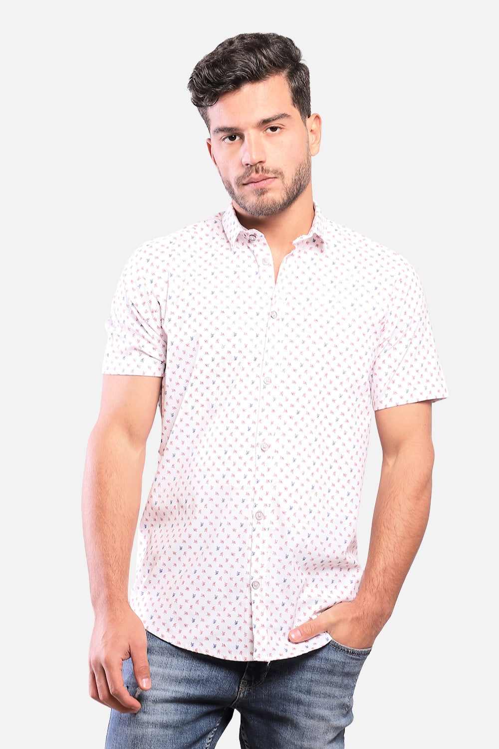 Buttoned Short Sleeves Sun Pattern Shirt – White