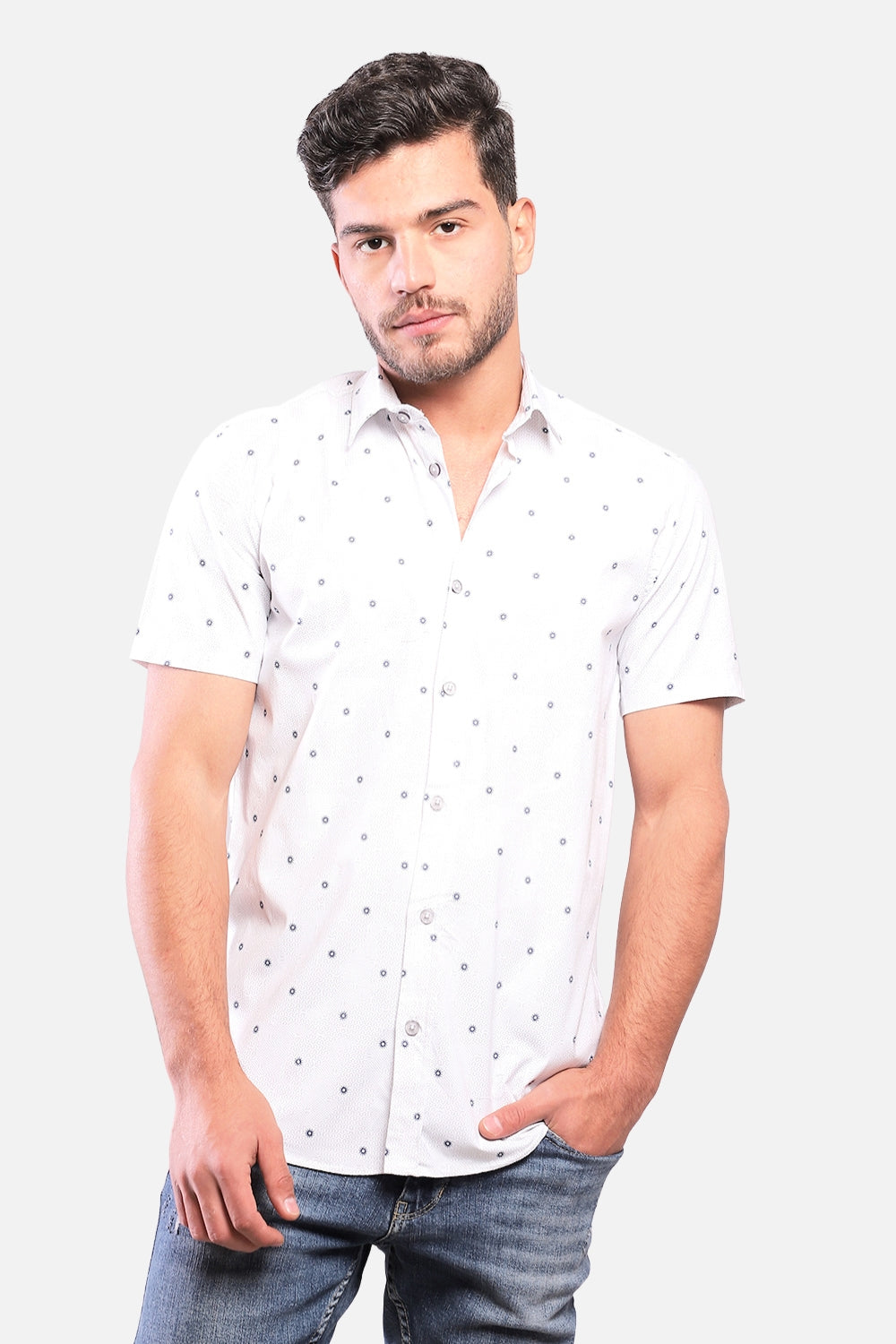 Buttoned Short Sleeves Sun Pattern Shirt – White