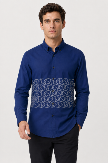 Printed Long Sleeves Button Down Shirt-Navy
