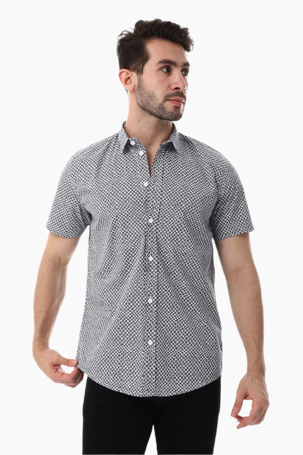 Grey & White Self Pattern Short Sleeves Shirt