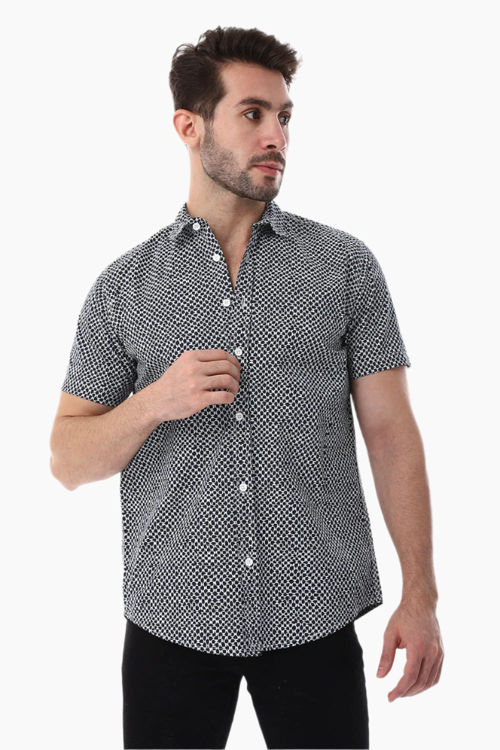Navy & White Self Pattern Short Sleeves Shirt