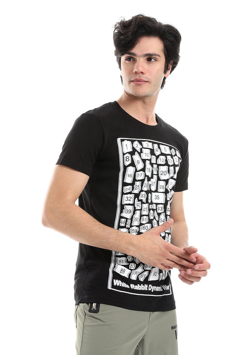 Printed Pattern Round Collar Short Sleeves Black T-Shirt