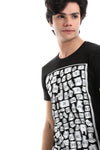 Printed Pattern Round Collar Short Sleeves Black T-Shirt