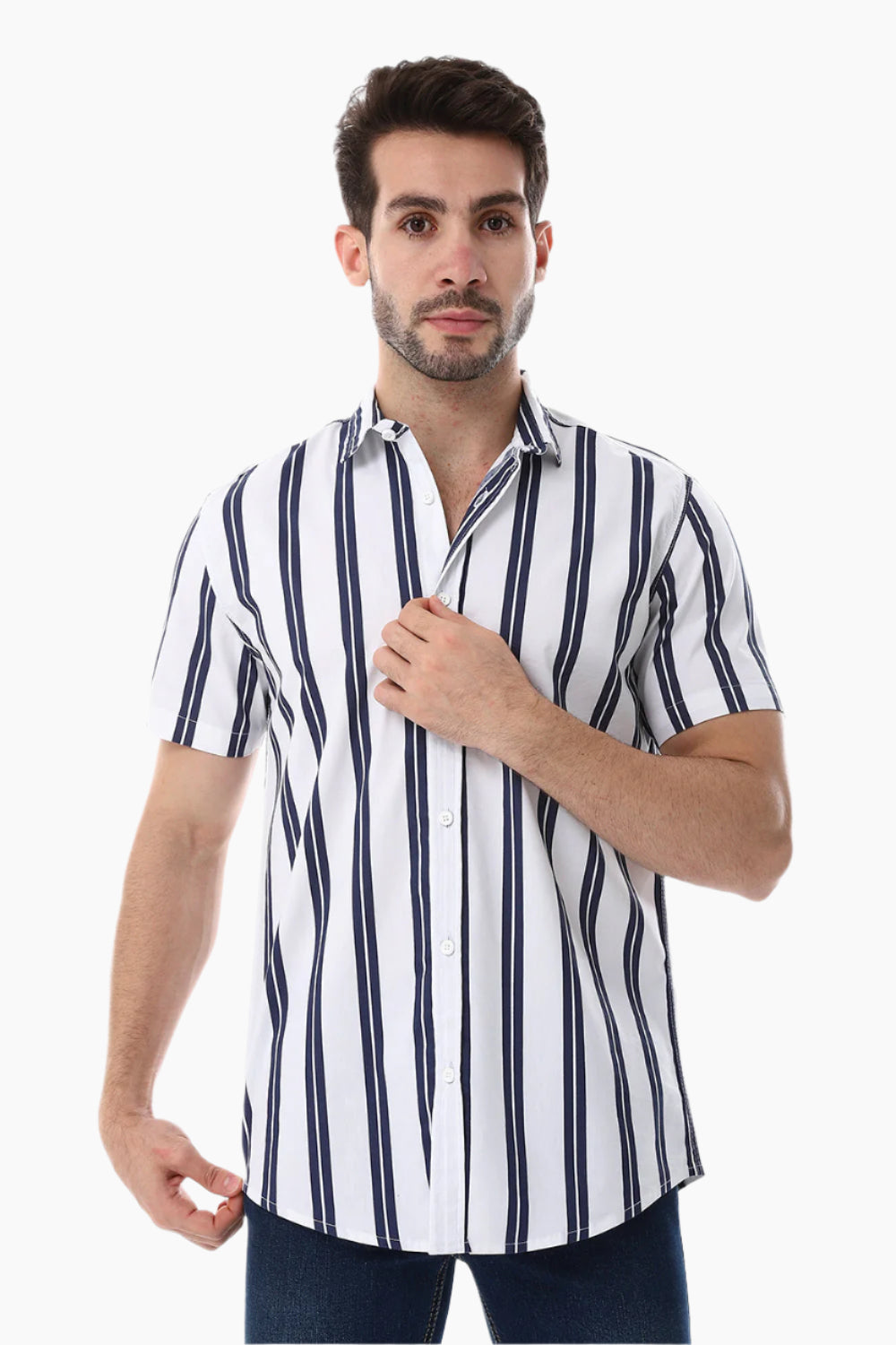 Striped Pattern Short Sleeves Shirt - White & Navy
