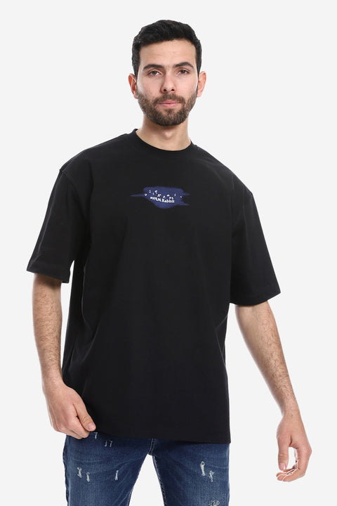 Round Neck Printed Comfy T-Shirt - Black