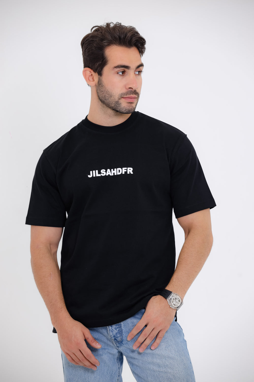 "JILSAHDFR" Printed White T-Shirt - Black