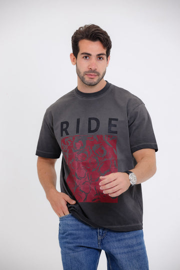 "RIDE" Floral Graphic T-Shirt-Grey