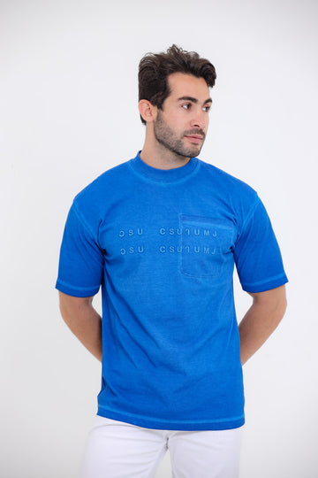 Round Collar Pique T-shirt  - Blue