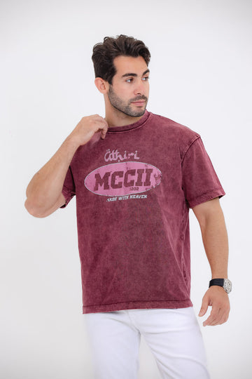 Chest Printed Cotton T-Shirt - Red