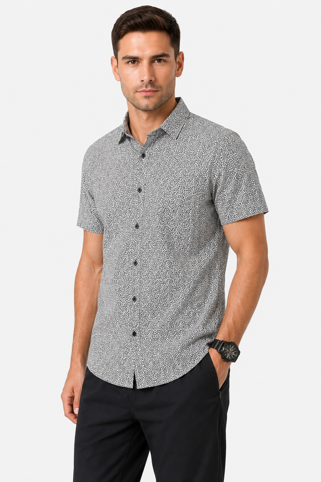 Classic Printed Short Sleeves Button Down Shirt – White