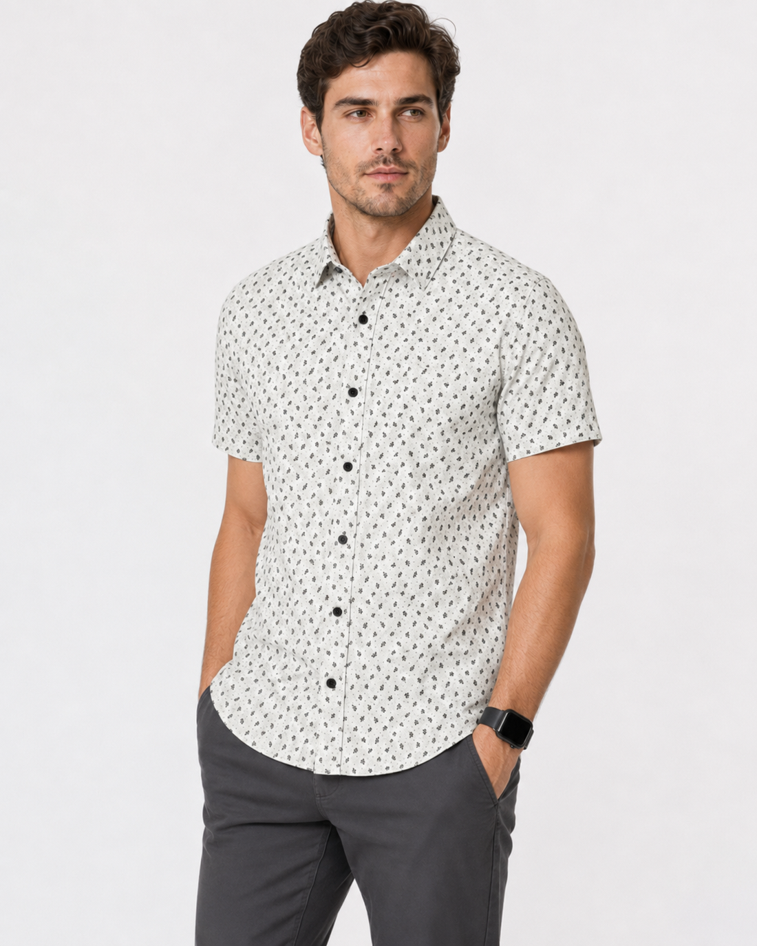 Buttoned Short Sleeves Sun Pattern Shirt – White