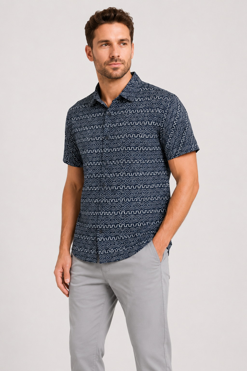 Self Pattern Buttons Down Closure Shirt – Navy & White