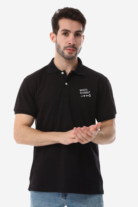 Short Sleeves Buttons Closure Polo Shirt - Black