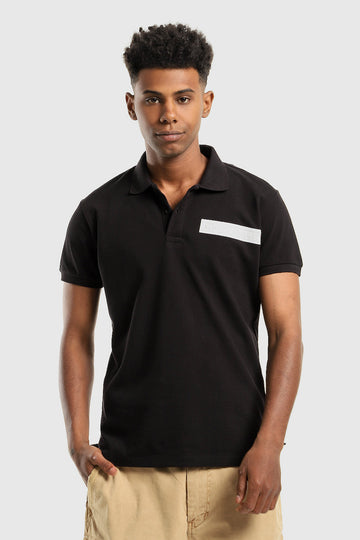 Stitched Chest Logo Pique Patterned Polo Shirt -Black