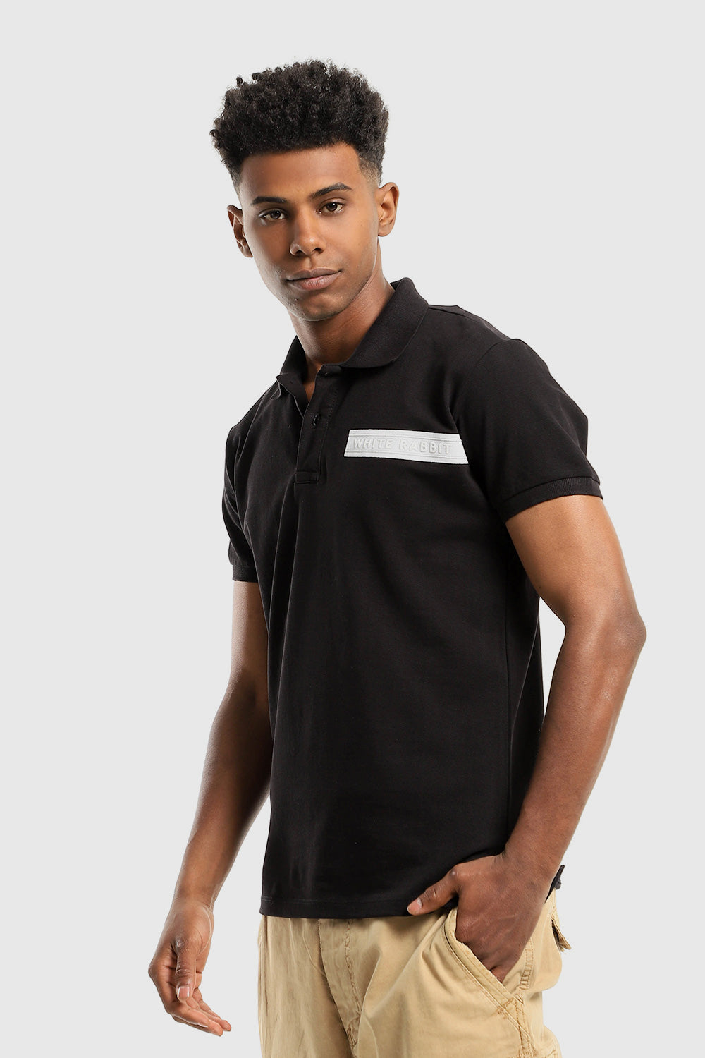 Stitched Chest Logo Pique Patterned Polo Shirt -Black