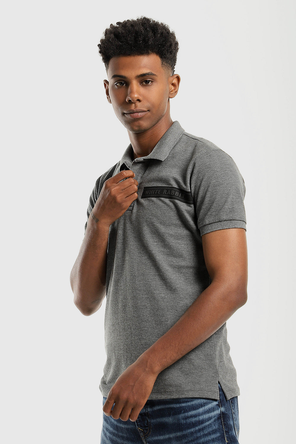 Stitched Chest Logo Pique Patterned Polo Shirt – Grey