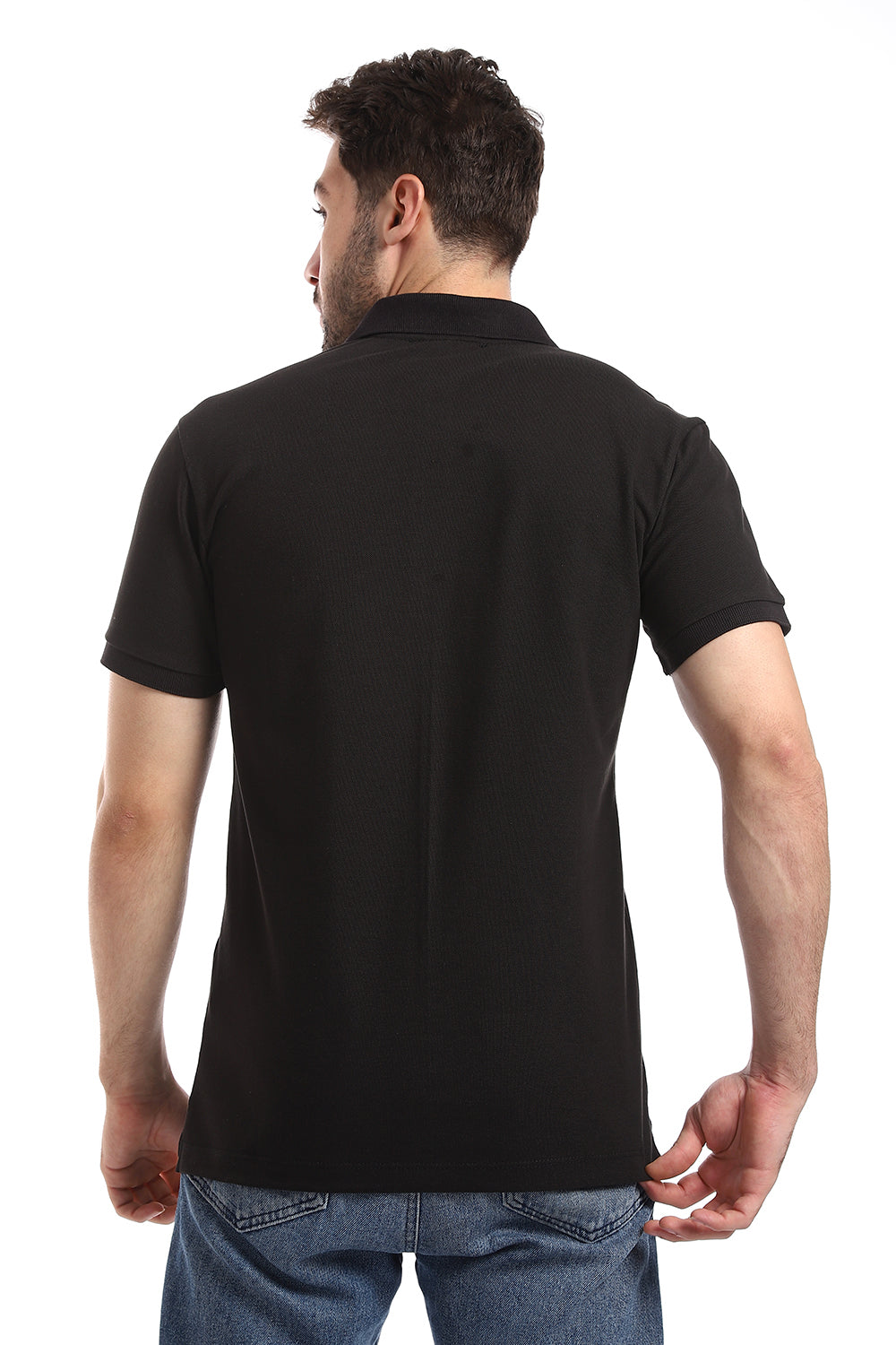 Pique Pattern Turn Down Collar Polo Shirt -Black
