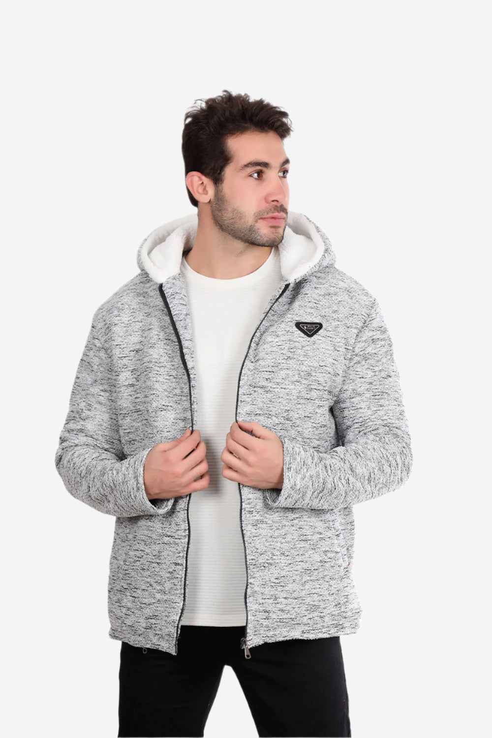 Padded Long Sleeves Zipper Hooded Jacket Grey