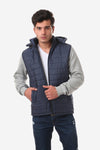 Waterproof Adjustable Hooded Buffer Jacket With Cotton Sleeves - Navy Blue