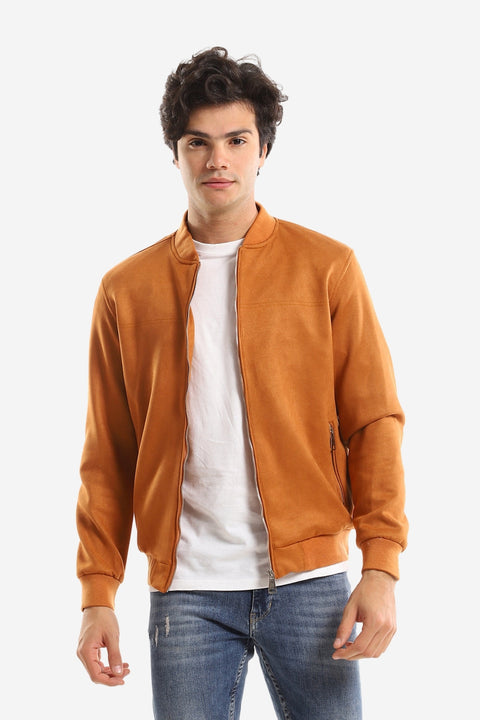 Casual Zipped Suede Jacket With Zipped Side Pockets