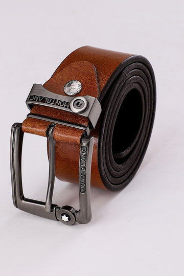 Simple Plain Buckled Leather Belt - Havana