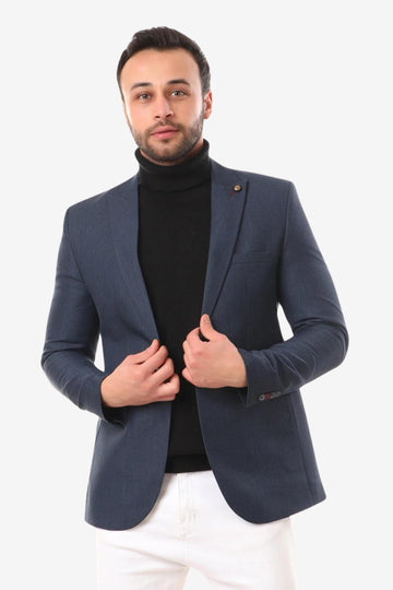 Slub Pattern Regular Fit Blazer - Navy