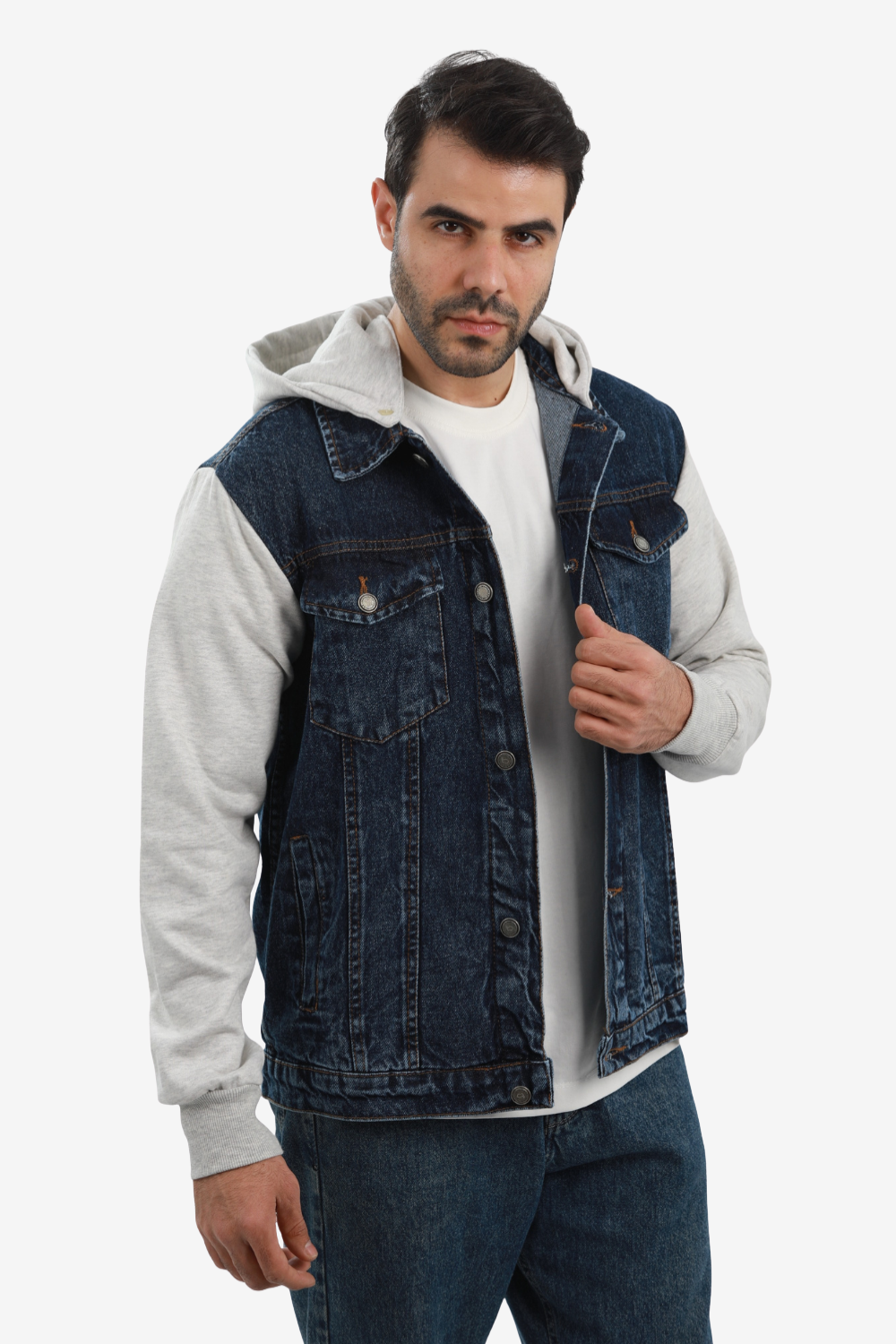 جاكيت جينز بأكمام طويلة وياقة مطوية --- رمادي فاتح وأزرق فاتح