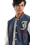 Color Block Denim Bomber Jacket With Back Stitching