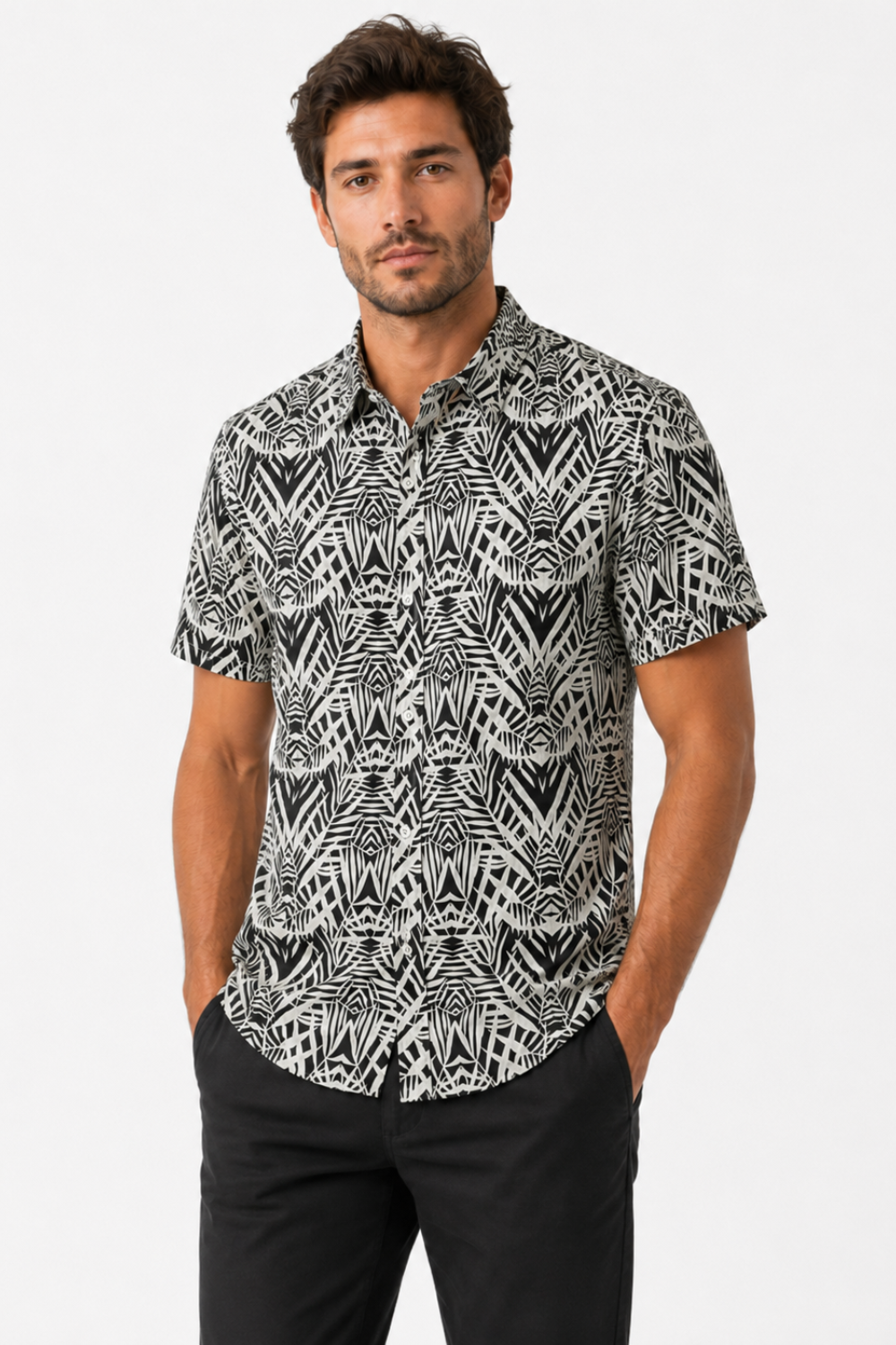 Palm Pattern Short Sleeves Shirt – Black
